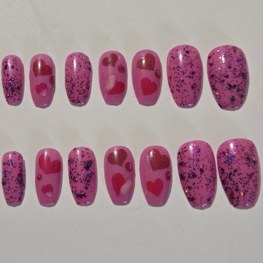 Pink Heart and Glitter Press-On Nails